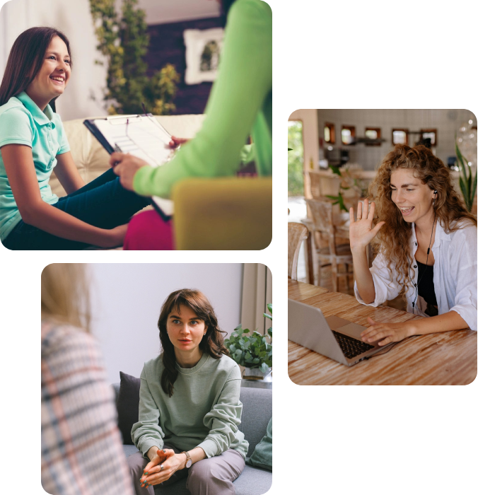 A collage of three women sitting on chairs and talking.